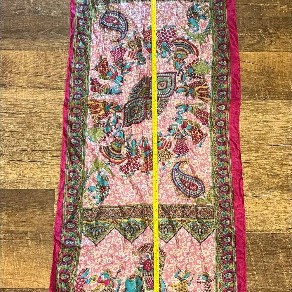 Vintage Silk Scarf Elephants Horses Paisley Pink Made India 18” X 68” Rectangle - Picture 9 of 16